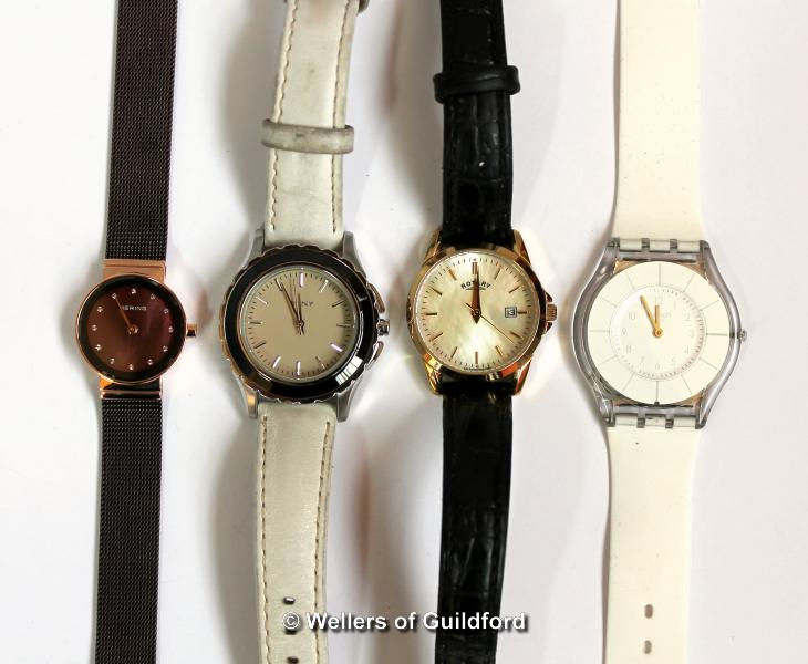 *Four ladies' wristwatches, Swatch, Rotary, Bering, DKNY (Lot subject to VAT)