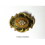 Enamel, pearl and diamond mourning brooch, central design set with six pearls and three diamonds,