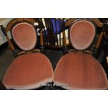 Two Victorian walnut and ebonised occasional chairs, pink draylon overstuffed seats and back splat