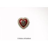 Red enamel heart brooch/pendant set with a rose cut diamond design to the centre, with a border of