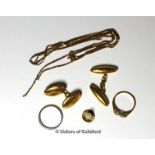 Selection of gold items, including two single cufflinks in 18ct yellow gold, 9ct gold broken box