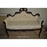 Two reproduction button back sofa with matching low chair upholstered in cream brocade