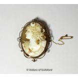 Shell cameo with profile of a lady, in a yellow metal border stamped 9ct, with safety chain, 60 x