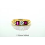Ruby and diamond five stone ring, three graduated old cut diamonds each separated by an oval cut