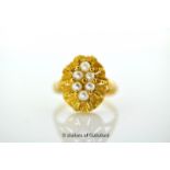 Pearl cluster ring, six pearls mounted in yellow metal stamped 18ct, ring size J