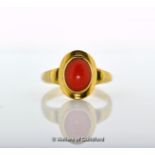 *Coral ring, oval coral mounted in yellow metal, stamped and tested as 18ct, ring size N½ (Lot