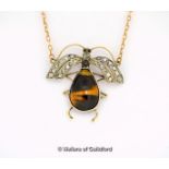 Tiger's eye and rose cut diamond bug pendant necklace, the body set with a pear shaped tiger's