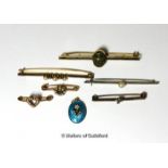 Selection of six bar brooches, including a pearl bar brooch in white metal stamped 18ct, a diamond