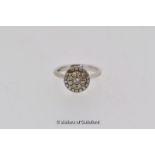 *Diamond cluster ring, central round brilliant cut diamond surrounded by two rows of diamonds,