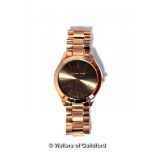 *Michael Kors wristwatch, circular grey dial with baton hour markers, in rose coloured stainless