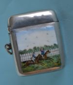 A good quality enamelled vesta case of a horse rac