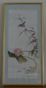 An Oriental tapestry of a bird on a reed in a lily