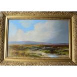 G SHAW: A moorland landscape with figures and cattle on bridge, in gilt frame. Approx. 36 cms x 59