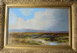 G SHAW: A moorland landscape with figures and cattle on bridge, in gilt frame. Approx. 36 cms x 59