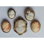 A group of five silver framed cameos. Est. £20 - £