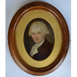 An oval portrait of a gent with swept back hair an