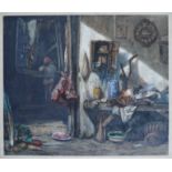 GODEFROY JADIN: Watercolour of still life with hanging game in village kitchen. Signed and dated