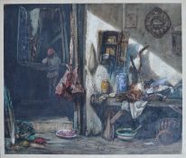 GODEFROY JADIN: Watercolour of still life with hanging game in village kitchen. Signed and dated