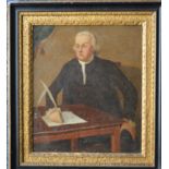 An oil portrait of a seated clerk with quill, in gilt and ebony frame. Approx. 21 cms x 25 cms. Est.