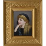 A rectangular painted panel of a girl in embossed