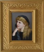 A rectangular painted panel of a girl in embossed