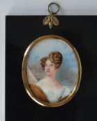 An attractive oval watercolour of a lady with blue