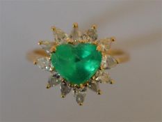 An emerald and diamond heart shaped cluster ring,