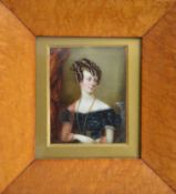 An attractive portrait painting of a lady with ros