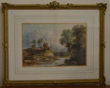 ENGLISH SCHOOL: Figures by a windmill in an attractive gilt frame. Approx. 44 cms x 29 cms. Est. £