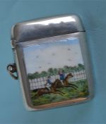 A good quality enamelled vesta case of a horse rac