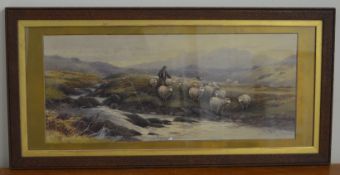 TOM ROWDEN: Shepherds and sheep by stream. Approx.