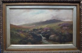 G H JENKINS: A moorland stream with fishermen. Approx. 34 cms x 59 cms. Est. £250 - £300.