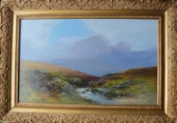 G SHAW: A lady on river's edge with moorland landscape, in gilt frame. Approx. 35 cms x 59 cms. Est.