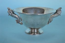 A stylish silver tapered bowl with fish handles. L