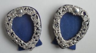 A pair of attractive miniature heart shaped picture frames with velvet backs. Chester 1900. By JD&