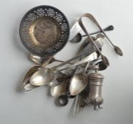 A bag containing salt spoons, pierced dish etc. Various dates and makers. Approx. 230 grams. Est. £