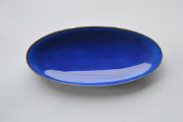 An attractive oval blue enamelled pin dish on pede