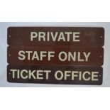 Three enamel door signs comprising, Ticket Office,