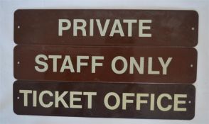 Three enamel door signs comprising, Ticket Office,