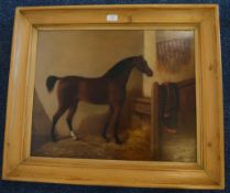 Oil on canvas. A portrait of a stabled horse in pi