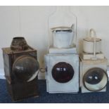 Assorted railwayana comprising three lamps, a sign