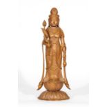 An unusual sandalwood figure of a lady on pedestal