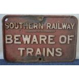 A Southern Railway cast iron sign, "Beware of Trai