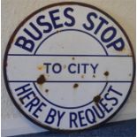 A circular "Buses Stop" enamelled sign. Approx. 51