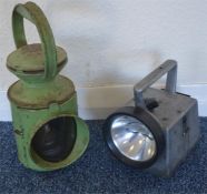 Two Railway hand lamps comprising an unmarked thre