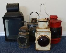 Five assorted lamps including one with red bulls-e