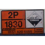 An aluminium corrosive transport sign. Approx. 40