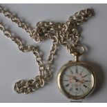 A lady's silver fob watch with white enamelled dia