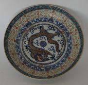 A circular Chinese plate decorated with dragons. S