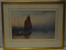 A framed and glazed picture of an Oriental harbour